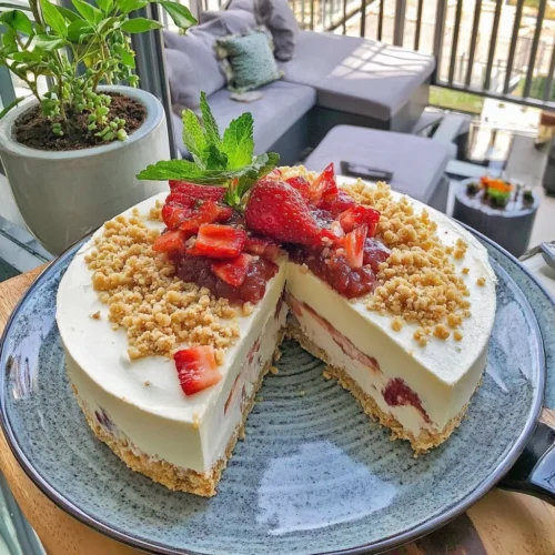 Cheesecake alle fragole senza cottura su un piatto decorativo