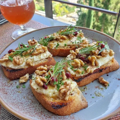 Crostini con caprino, miele e noci su un piatto elegante.