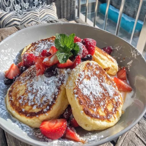Soufflé pancake giapponesi ultra-morbidi su un piatto