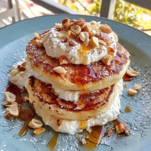 Pancakes soffici con yogurt greco e miele serviti su un piatto