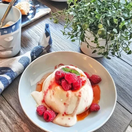 Panna Cotta alla Vaniglia con Coulis di Lampone su un piatto elegante